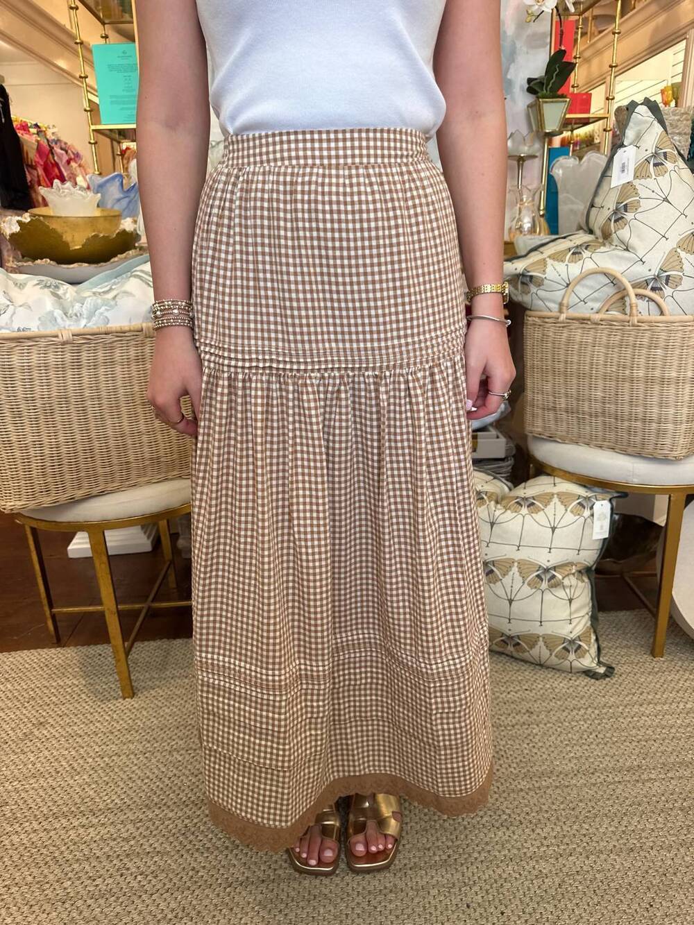 NEW KARLIE gingham maxi skirt in brown